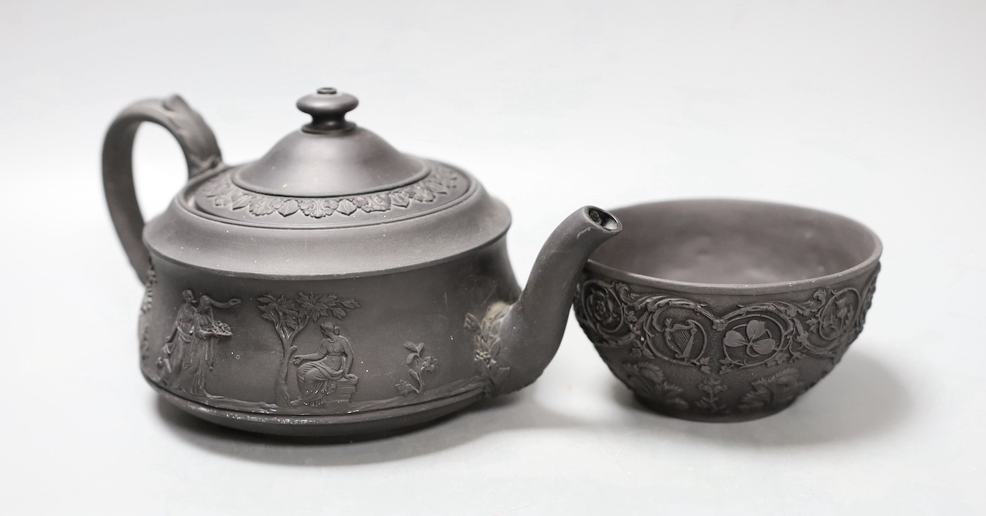A Wedgwood black basalt 'Union' sugar bowl, early 19th century and a teapot and cover 10cm tall